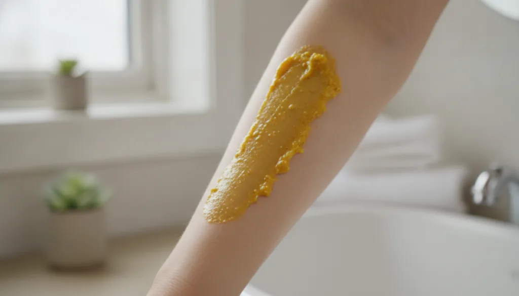 A woman s hand gently applying a golden-yellow paste to her forearm demonstrating the application of the homemade beauty
