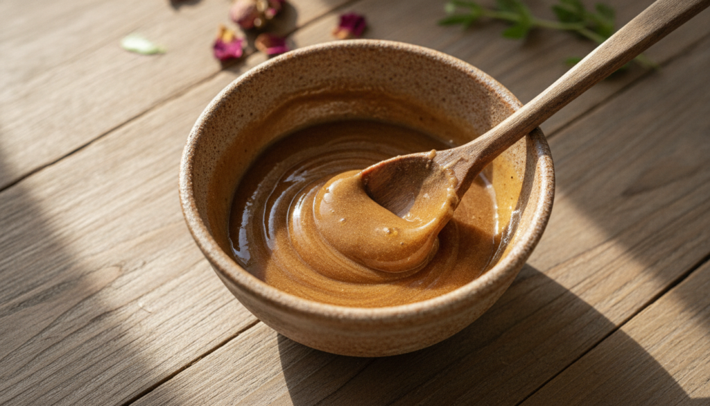 A close-up of a DIY face mask being mixed in a small ceramic bowl with a small spoon Ingredients like honey and a dark p