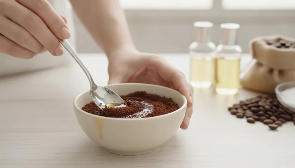 Close up of hands mixing baby oil with coffee grounds in a small bowl emphasizing the texture for a skin scrub