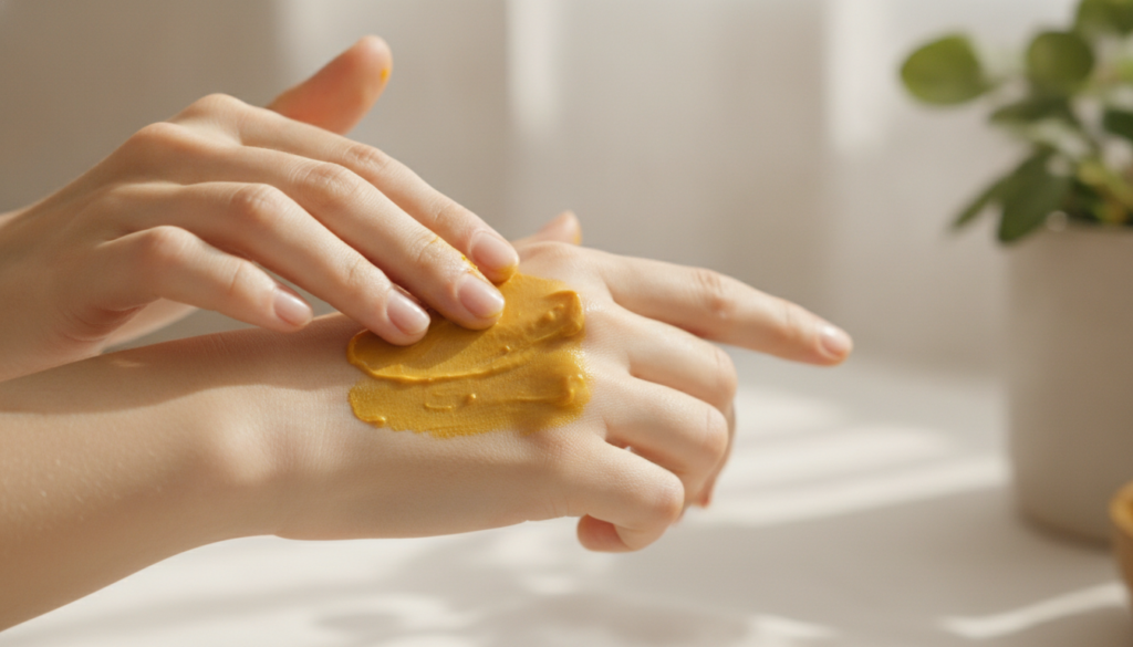 Hands applying a turmeric and baby oil mixture to skin highlighting the yellow color of turmeric for dark spot treatment