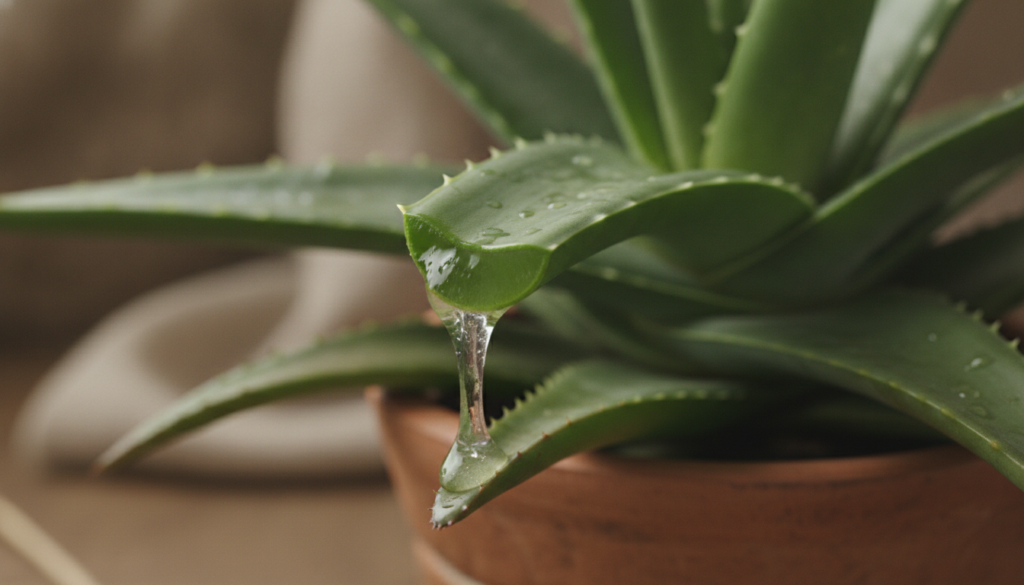 Close-up of a fresh aloe vera plant with its thick succulent leaves possibly with a cut leaf showing the gel inside