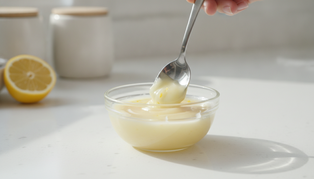 Close-up shot of a small bowl containing a creamy pale yellow mixture of Vaseline and lemon with a spoon resting in it a