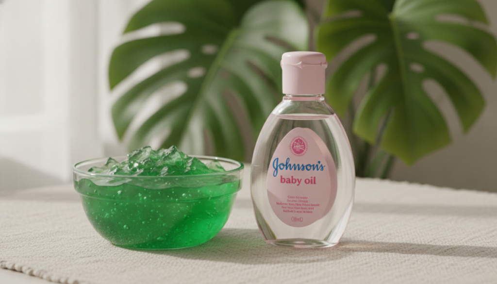 A bowl of fresh aloe vera gel next to a bottle of Johnson s Baby Oil set on a bright surface with natural elements