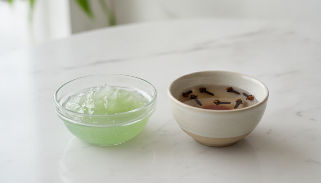 A small bowl containing fresh aloe vera gel and a separate small bowl with whole cloves and some infused water