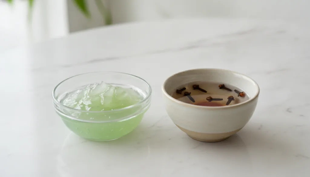 A small bowl containing fresh aloe vera gel and a separate small bowl with whole cloves and some infused water