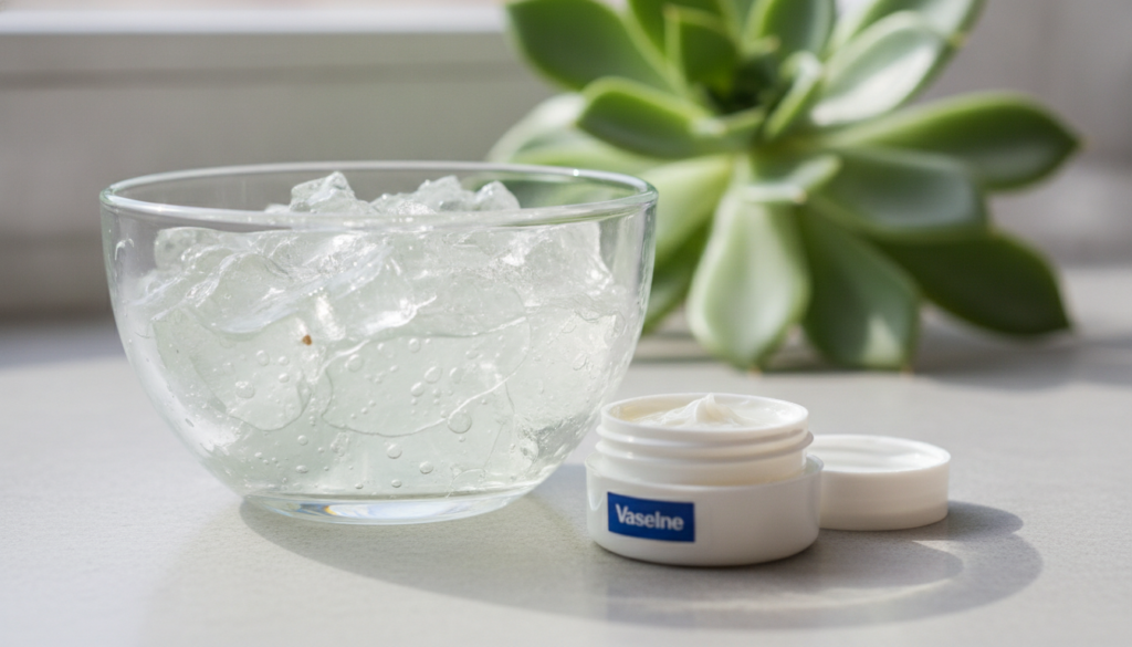 A bowl of fresh aloe vera gel and a small jar of Vaseline ready to be mixed on a light surface with a green plant in the