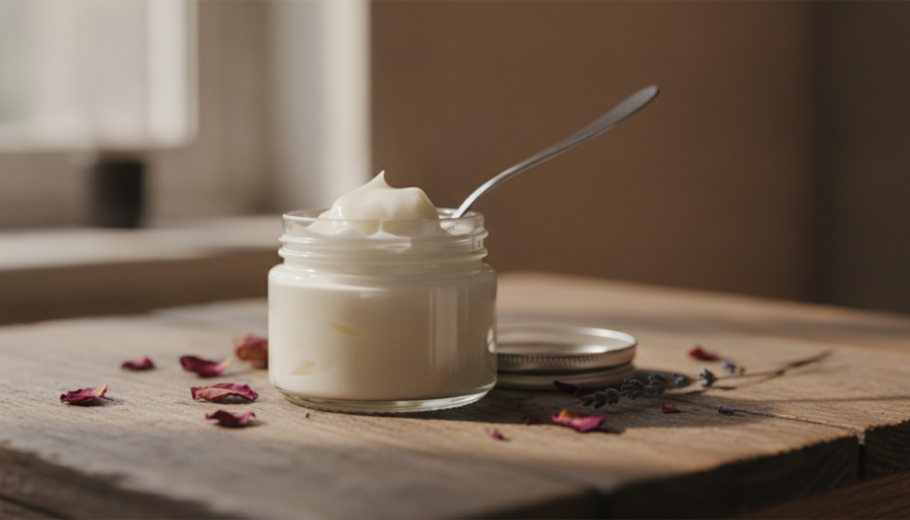 A close-up of a small glass jar filled with a creamy white homemade beauty balm A small spoon is dipped into the balm
