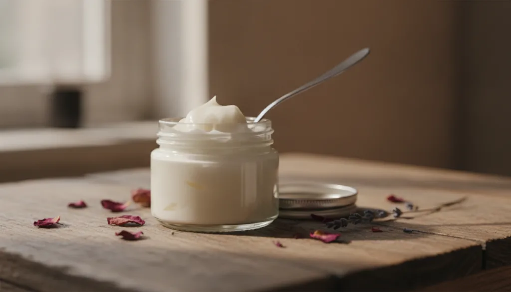 A close-up of a small glass jar filled with a creamy white homemade beauty balm A small spoon is dipped into the balm