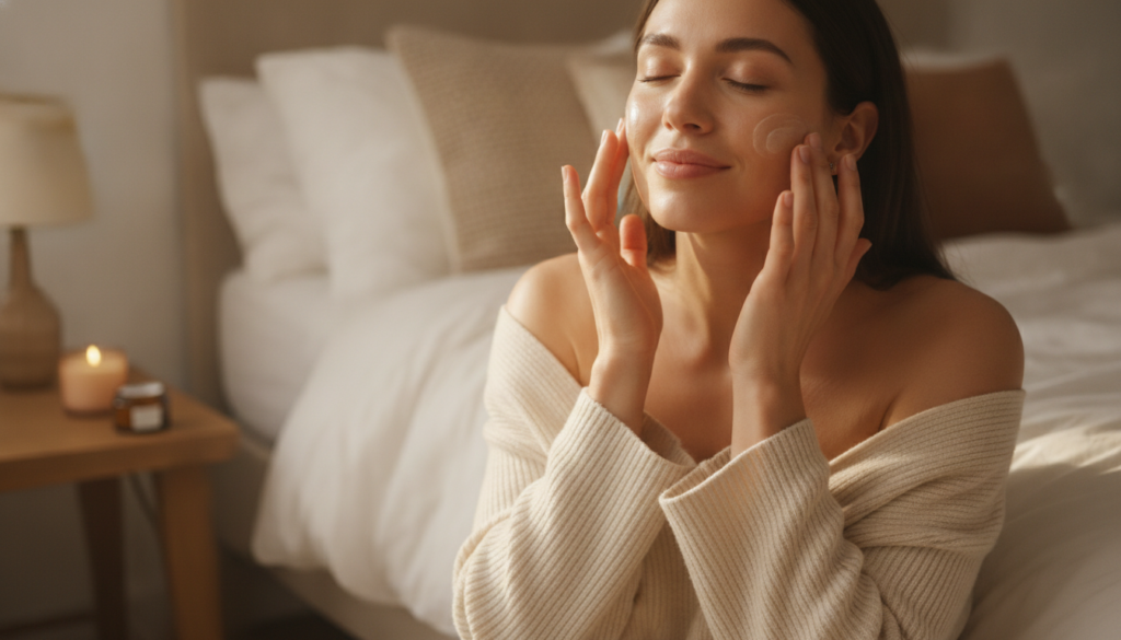 A woman gently massaging a small amount of the balm onto her face during her evening skincare routine looking relaxed an