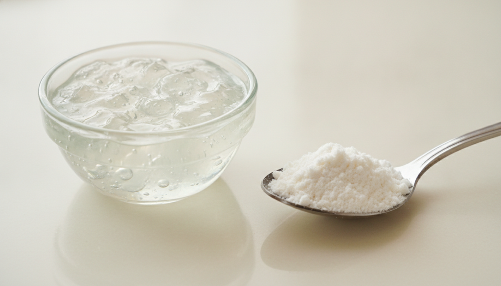 A small bowl of fresh aloe vera gel and a small pile of white rice flour ready to be mixed for a face mask