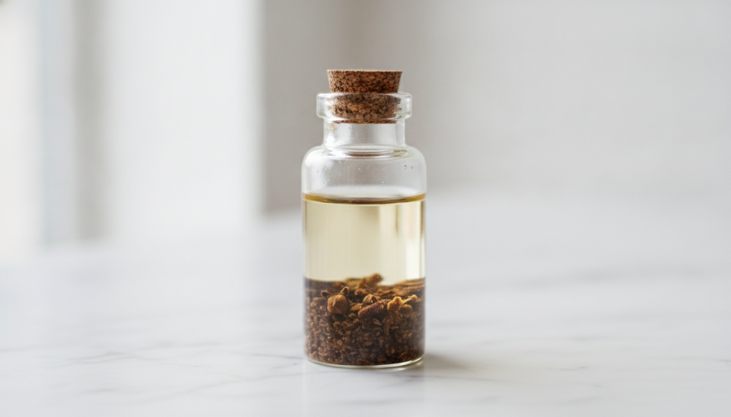 A small glass bottle filled with a light oil and a few crushed cloves ready for infusion The bottle is on a clean light 