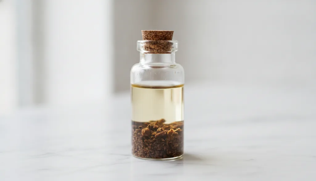 A small glass bottle filled with a light oil and a few crushed cloves ready for infusion The bottle is on a clean light