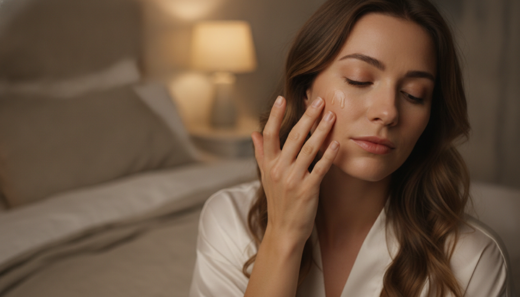 A woman gently massaging a few drops of oil onto her face and neck at night illustrating the application of the DIY coll