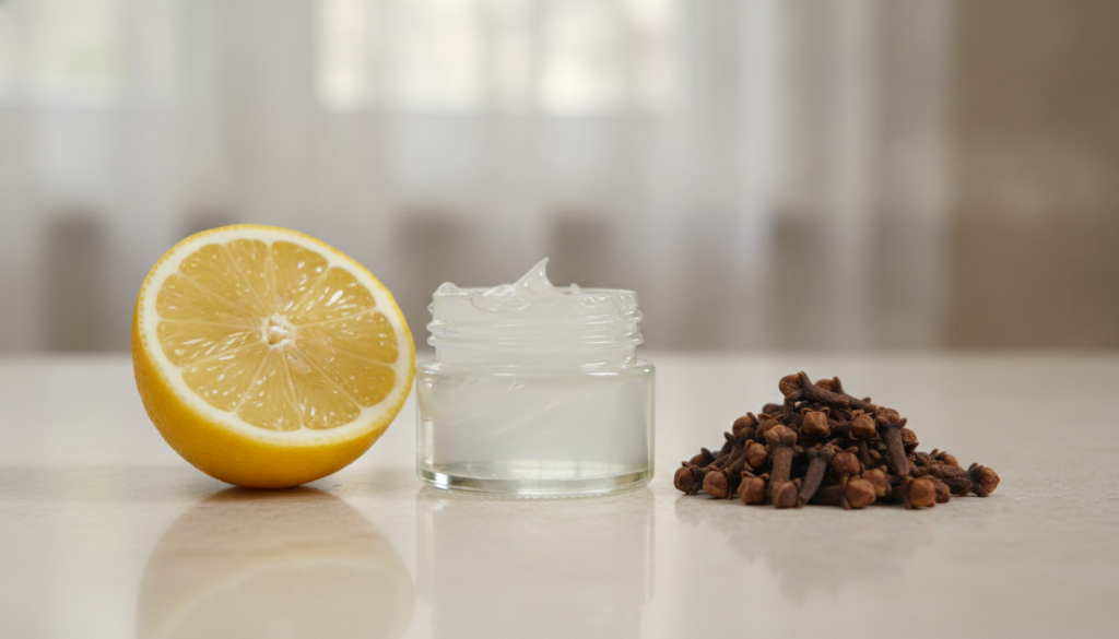 Ingredients laid out for the DIY anti-aging balm a small jar of Vaseline a freshly cut lemon and a small pile of whole c