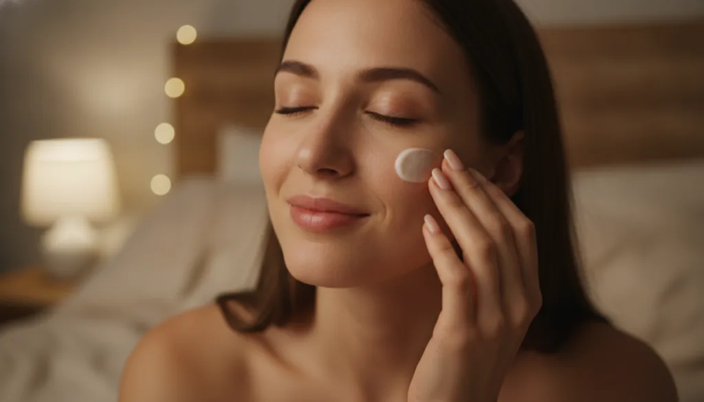 A woman s hand gently applying a small amount of balm to her clean face at night showing a serene expression