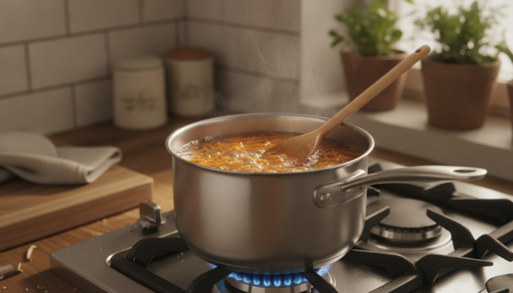 A small steel cooking pot on a lit gas stove burner containing shredded carrots simmering gently in water with a wooden