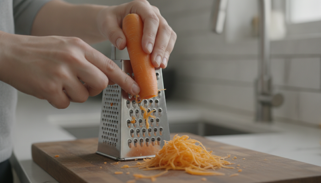 Hands grating a fresh orange carrot into fine shreds over a wooden cutting board with a small stainless steel grater