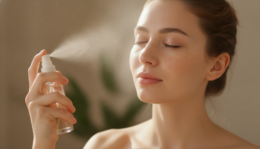 A woman with clean bare skin gently spritzing a fine mist of carrot toner across her face from a clear glass spray bottl