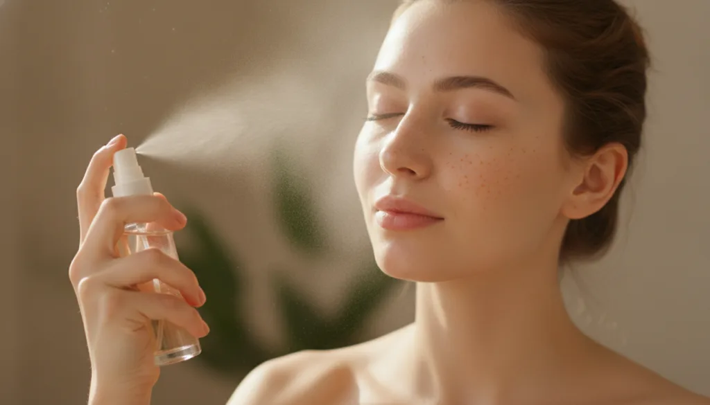 A woman with clean bare skin gently spritzing a fine mist of carrot toner across her face from a clear glass spray bottl