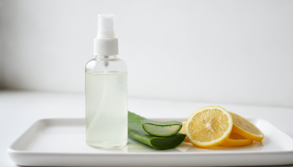 A clear spray bottle with a homemade toner next to sliced lemons and an aloe vera leaf on a white background