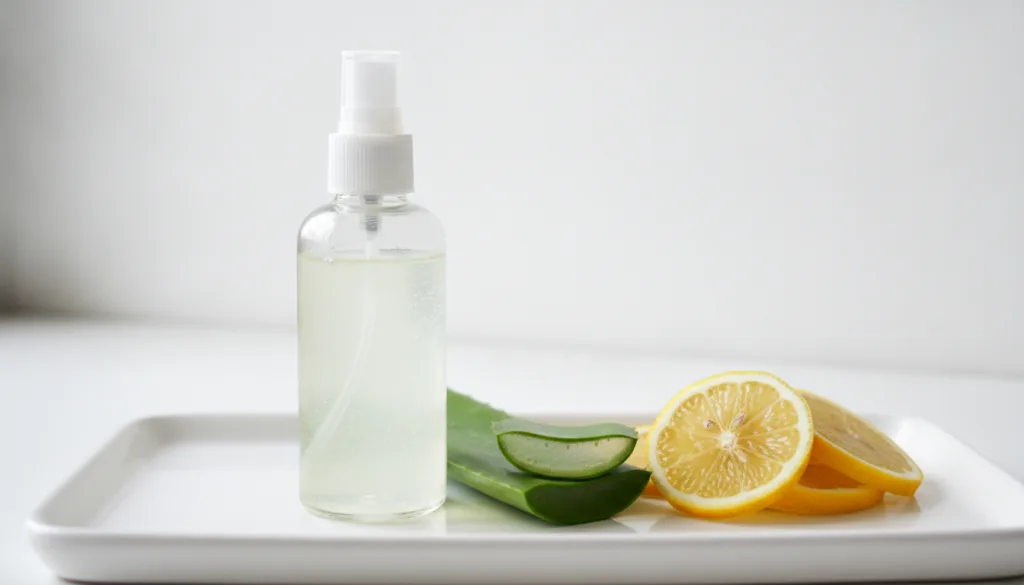 A clear spray bottle with a homemade toner next to sliced lemons and an aloe vera leaf on a white background