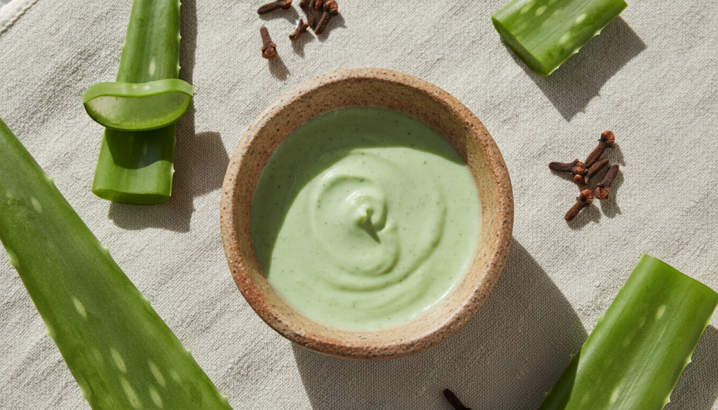 A small bowl with a green aloe vera and clove face pack surrounded by fresh aloe vera leaves and a few whole cloves