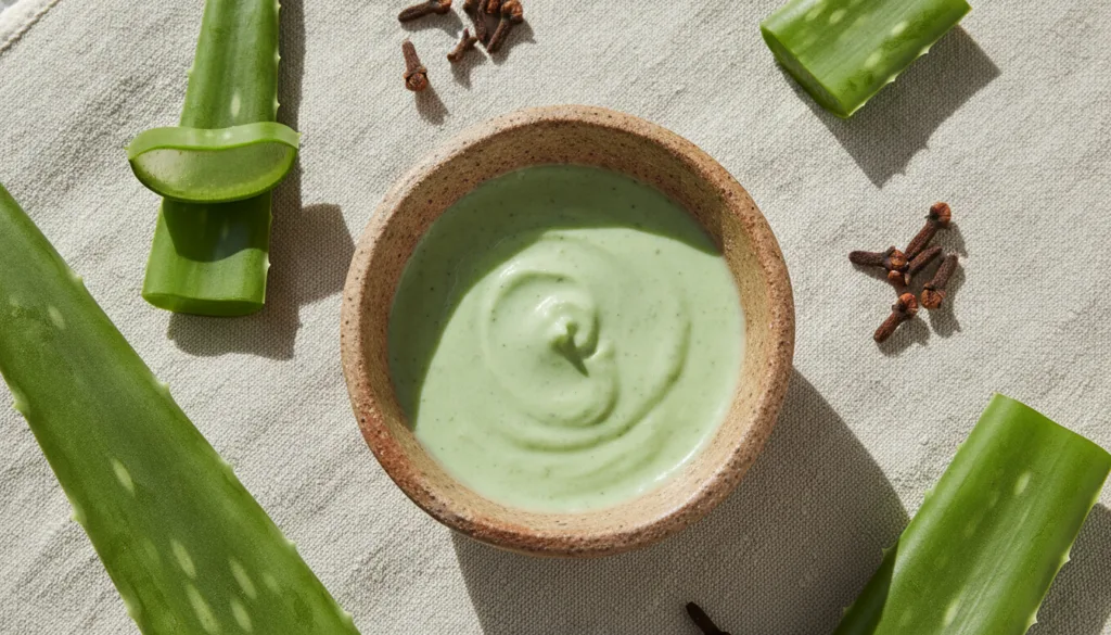 A small bowl with a green aloe vera and clove face pack surrounded by fresh aloe vera leaves and a few whole cloves