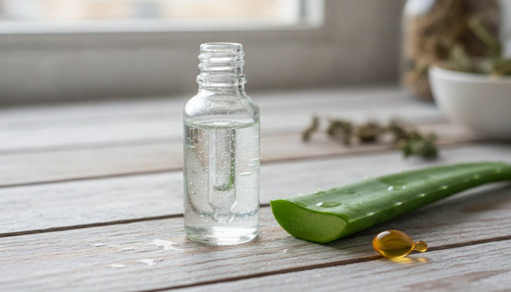 A small glass dropper bottle filled with a clear serum next to an aloe vera leaf and a vitamin E capsule