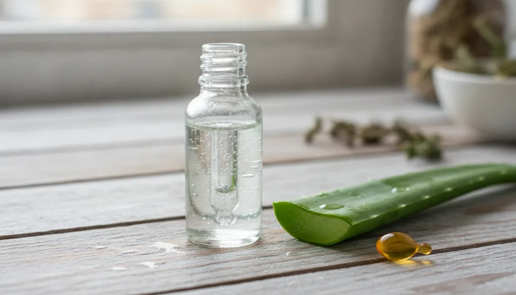 A small glass dropper bottle filled with a clear serum next to an aloe vera leaf and a vitamin E capsule