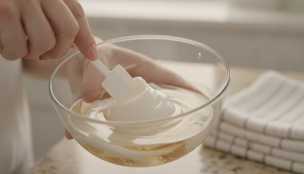 A close-up shot of hands mixing Johnson s baby oil and Vaseline in a small bowl with a spatula creating a smooth balm