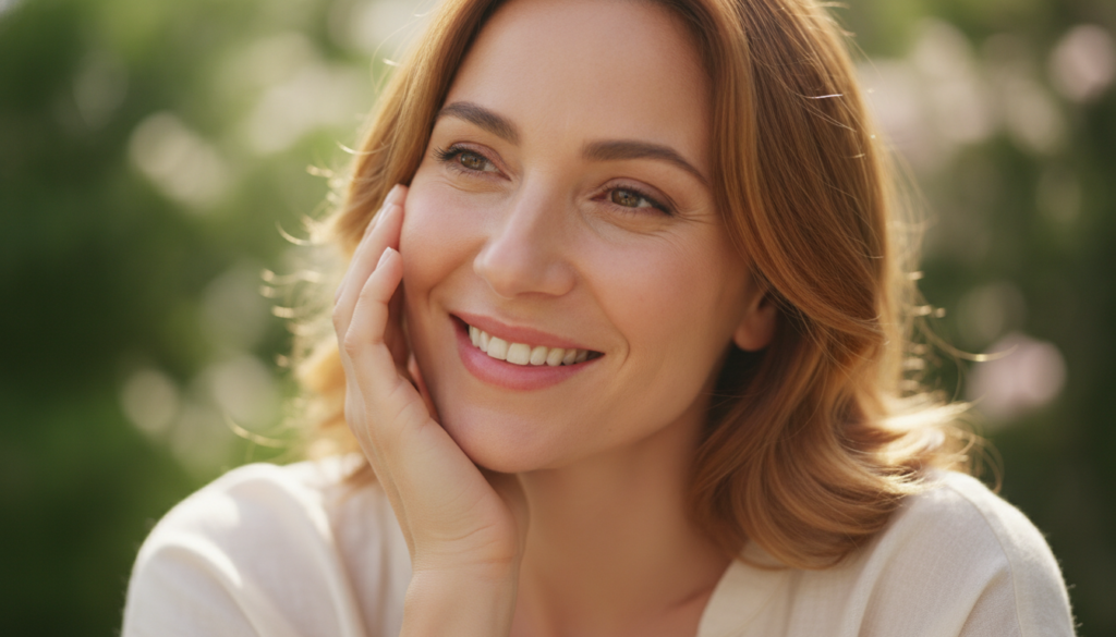 A woman gently touching her cheek smiling with visibly soft hydrated and radiant skin showcasing a youthful glow in a na