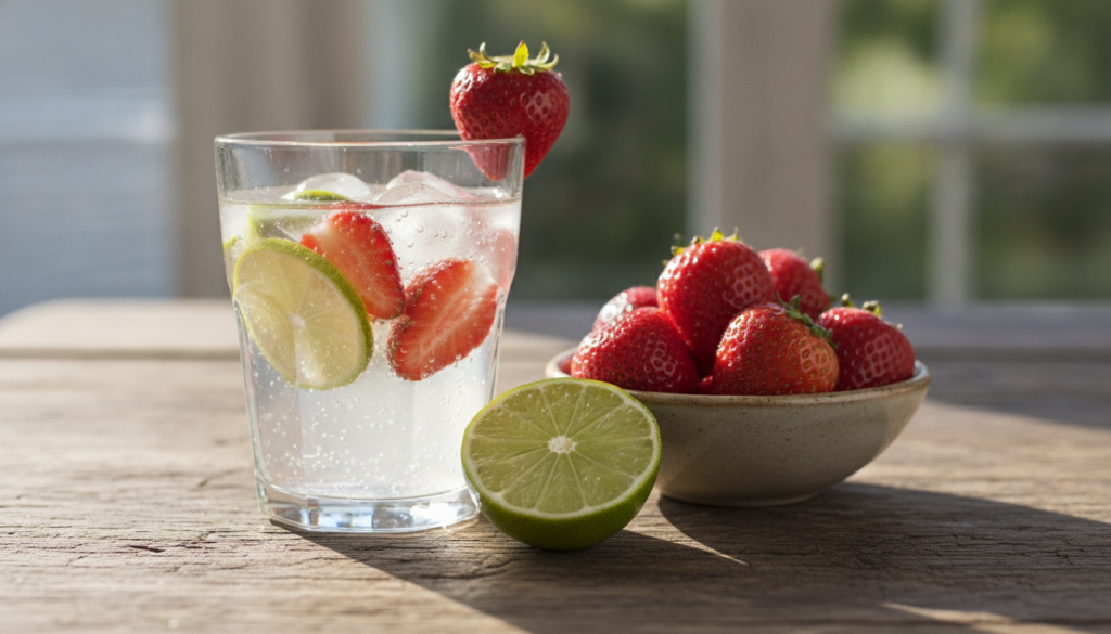 A refreshing glass of strawberry and lime infused water garnished with a fresh strawberry and a lime wedge next to a sma