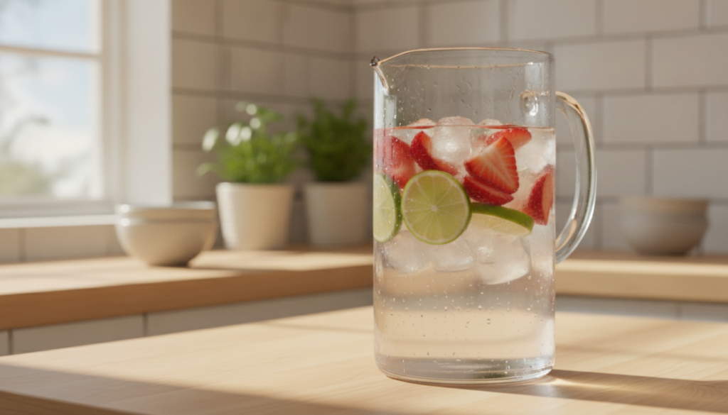 A clear glass pitcher filled with water abundant slices of fresh red strawberries and vibrant green lime wedges with ice