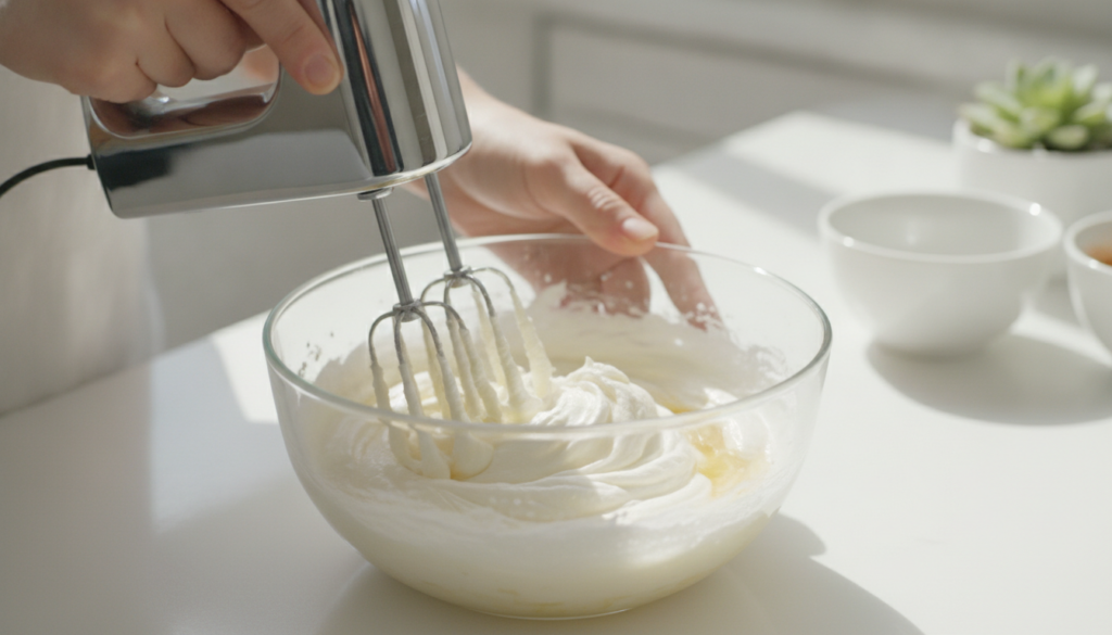 Close-up shot of hands using a hand mixer to whip a creamy mixture of shea butter and oils in a glass bowl creating a fl