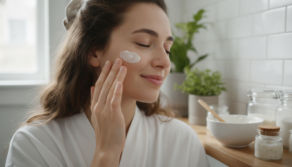 A woman gently applying a small amount of homemade face cream to her cheek with her fingertips her eyes closed in a sere