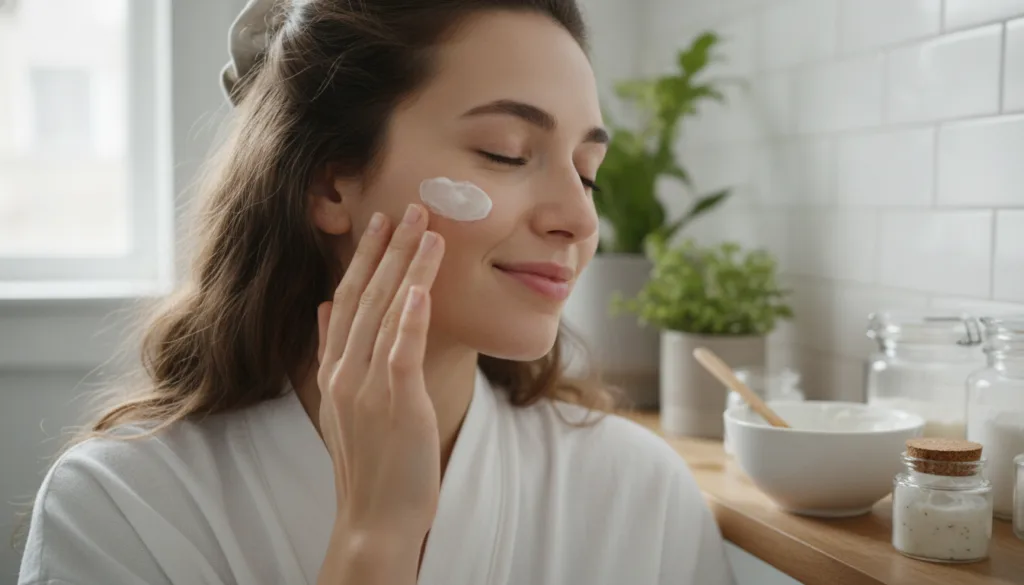 A woman gently applying a small amount of homemade face cream to her cheek with her fingertips her eyes closed in a sere
