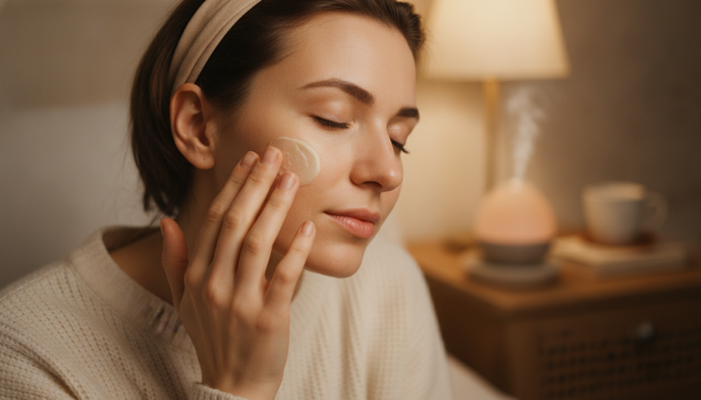 A woman gently applying a small amount of the homemade balm to her clean face massaging it into her cheek with soft circ