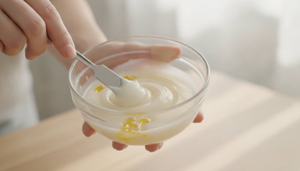 Close-up of hands mixing melted petroleum jelly baby oil and liquid from vitamin capsules in a small glass bowl with a t