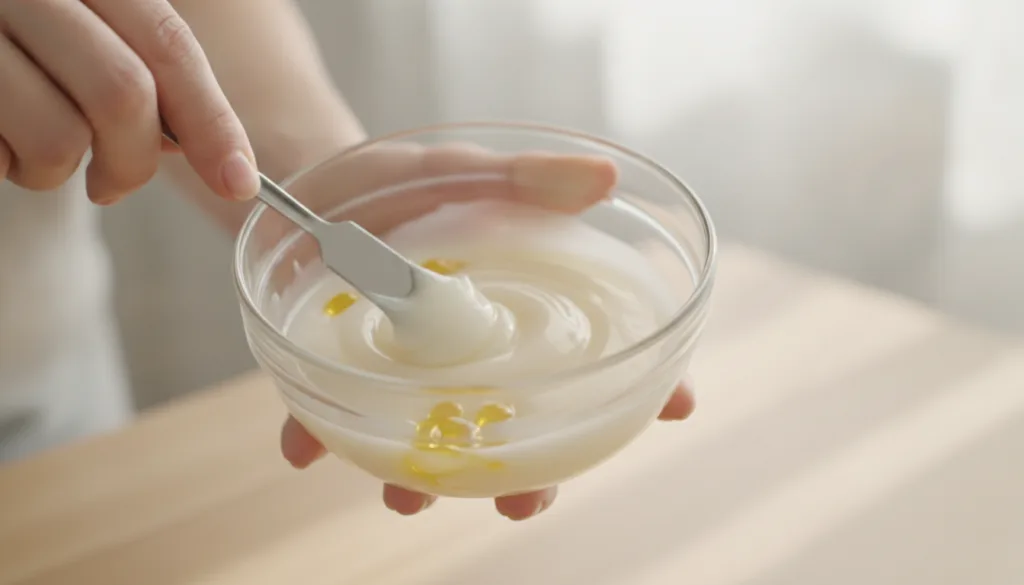 Close-up of hands mixing melted petroleum jelly baby oil and liquid from vitamin capsules in a small glass bowl with a t