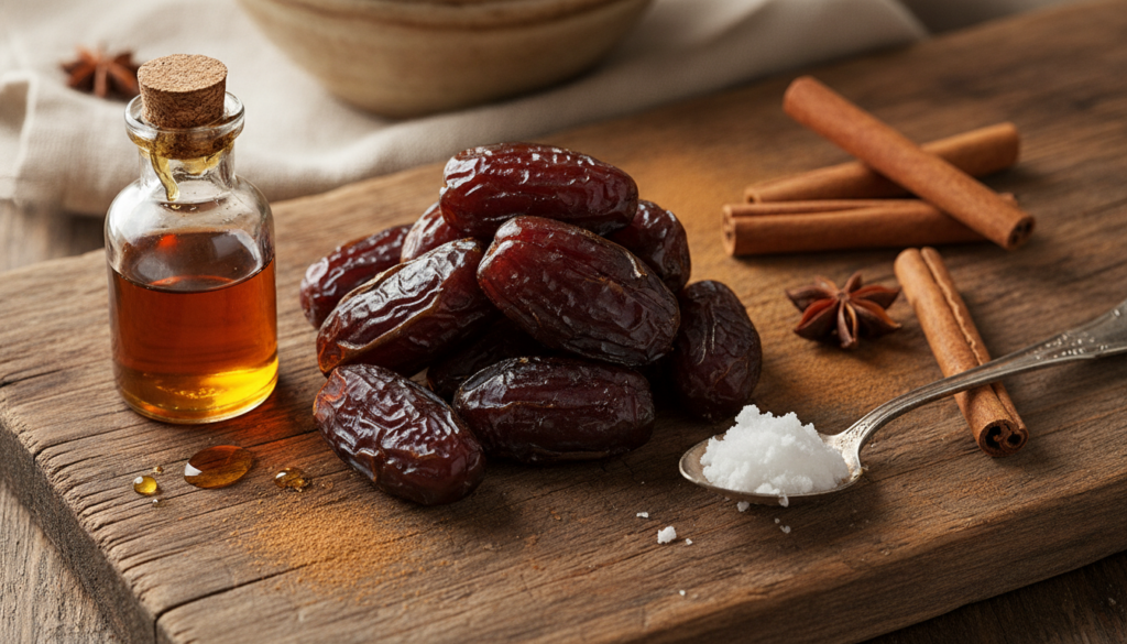 Ingredients for a healthy spiced caramel sauce laid out on a wooden board including dates maple syrup coconut oil and ci