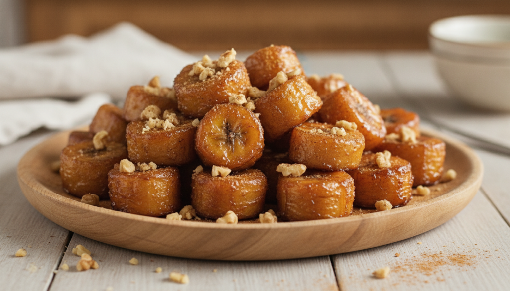 A serving platter showcasing neatly arranged caramel banana bites garnished with a sprinkle of chopped nuts or a light d