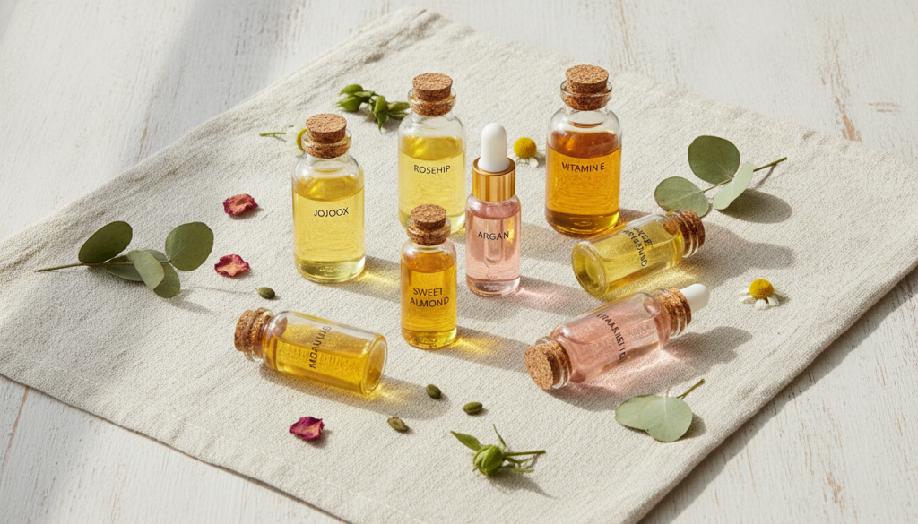 A collection of various small bottles of natural oils jojoba rosehip argan sweet almond grapeseed vitamin E arranged aes