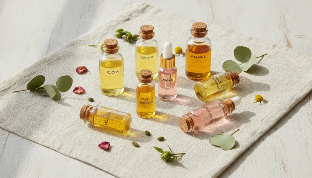 A collection of various small bottles of natural oils jojoba rosehip argan sweet almond grapeseed vitamin E arranged aes