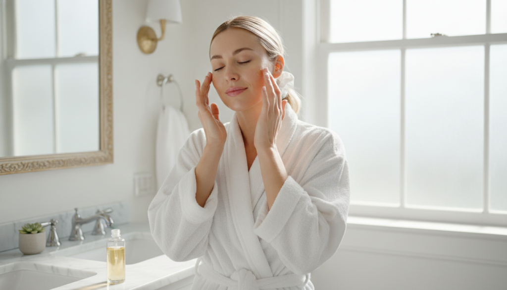 A woman with glowing radiant skin gently massaging a few drops of natural oil onto her face looking refreshed and youthf