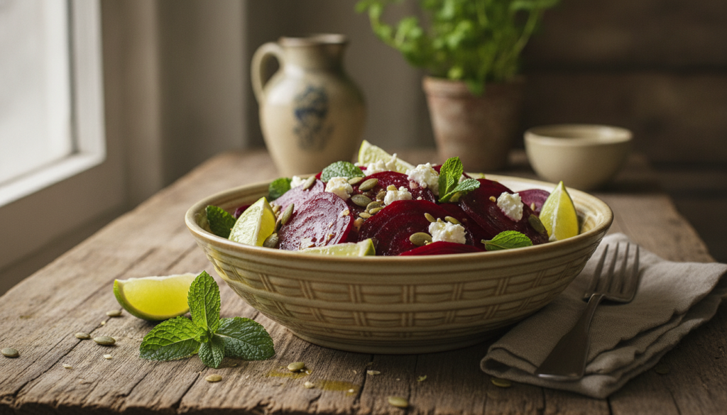 A vibrant salad bowl featuring sliced beetroot green herbs and lime wedges showcasing a healthy meal