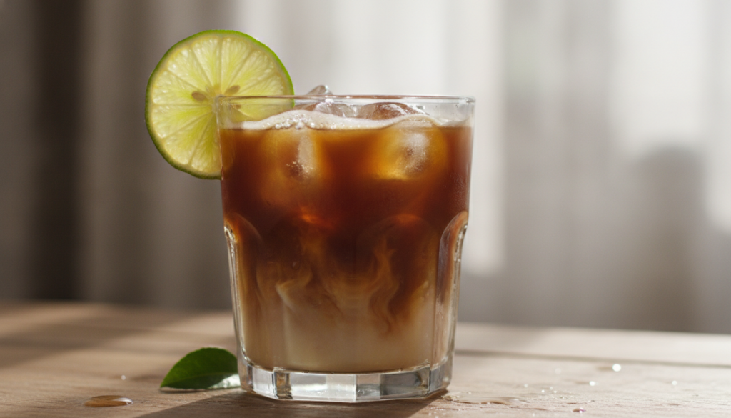 A glass of coffee with a lime wedge on the rim showcasing the refreshing drink
