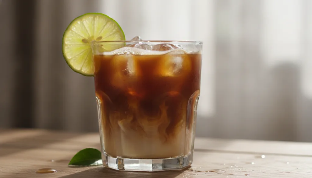 A glass of coffee with a lime wedge on the rim showcasing the refreshing drink