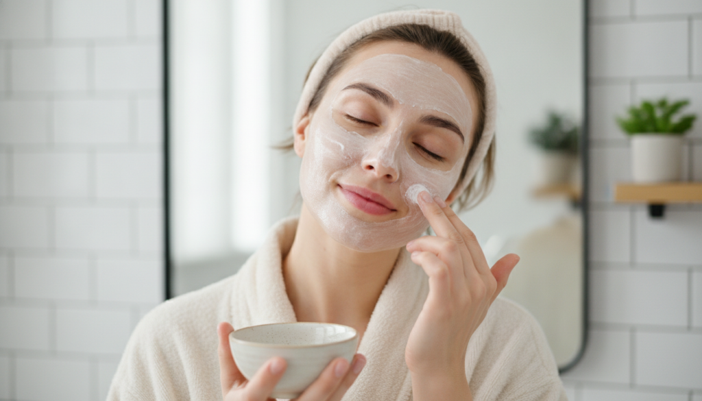 A person s face with a thin layer of the Vaseline and baking soda mask applied looking smooth and radiant in a well-lit 