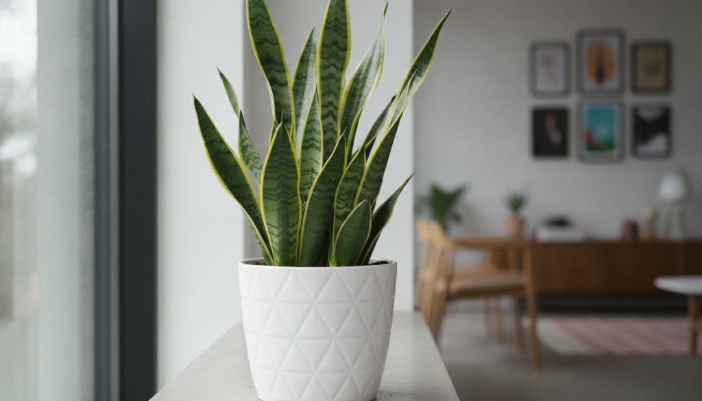 A close-up of a vibrant green snake plant with healthy upright leaves showing no signs of pests or disease thriving in a