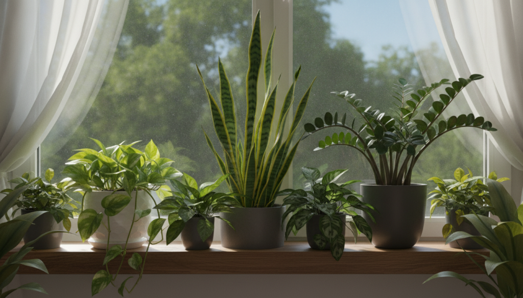 A collection of various healthy houseplants including a snake plant a pothos and a ZZ plant arranged on a windowsill sho